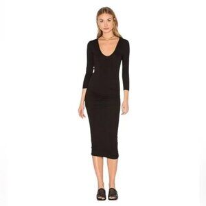 James Perse 3/4 Sleeve Ruched Cotton Blend Jersey Midi Dress in Black - Sz L